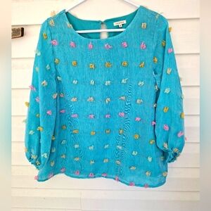 JODIFL Swiss Dot Poms Feminine Blouse Size Medium Sheer Lined